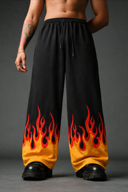 Men's Baggy Flame Print Sweatpants - Wide-Leg Joggers - Black